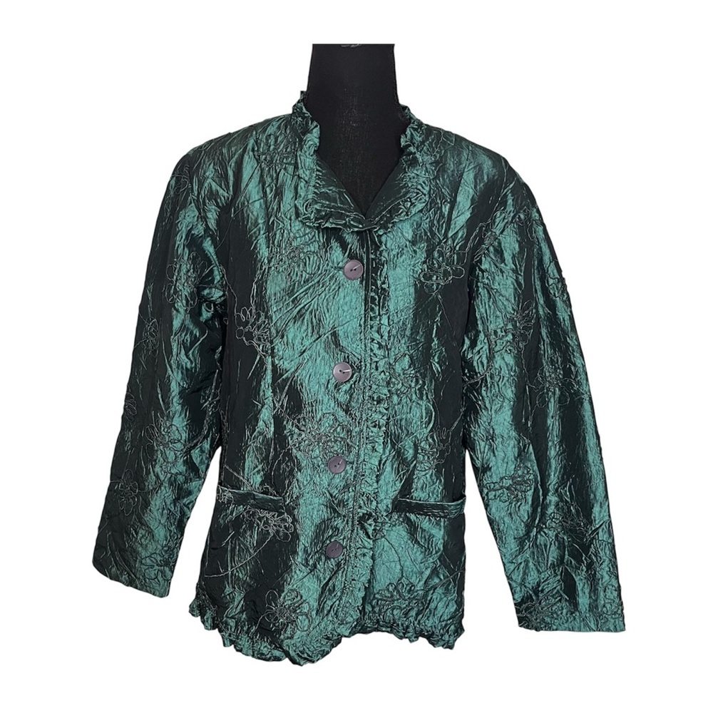 Norm Thompson Shiny Jade Green Jacket Sz XL Ruffle Collar Button Front Crinkle